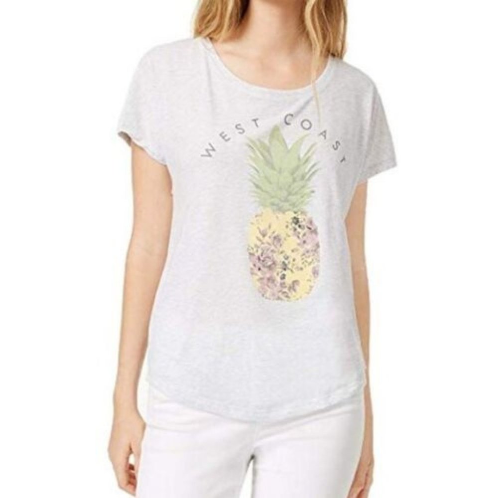 True Vintage Top Tee Pineapple Graphic T-Shirt White Heather Gray Womens Size S